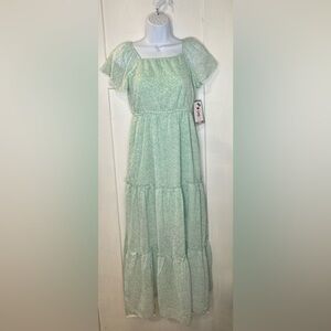 Trixxi Girl Green Square neck Ruched Tiered Sundress